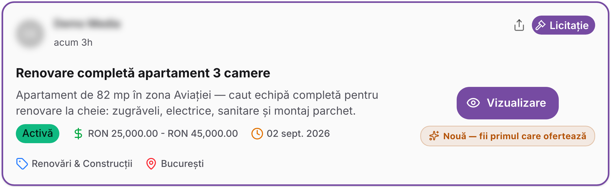Licitație pe BizzLink: renovare completă apartament 3 camere în București, buget 25.000–45.000 RON.